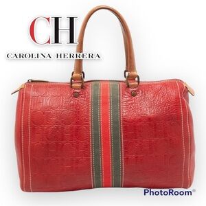 CH Carolina Herrera Red Monogram Leather Andy Boston Bag